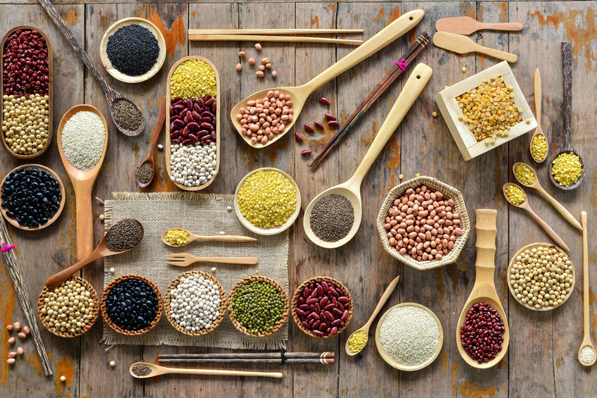A selection of vegan protein sources, like beans and other legumes
